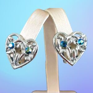 Vintage Jewelry Signed Delsa Silver Aurora Borealis Blue Crystal Heart Earrings